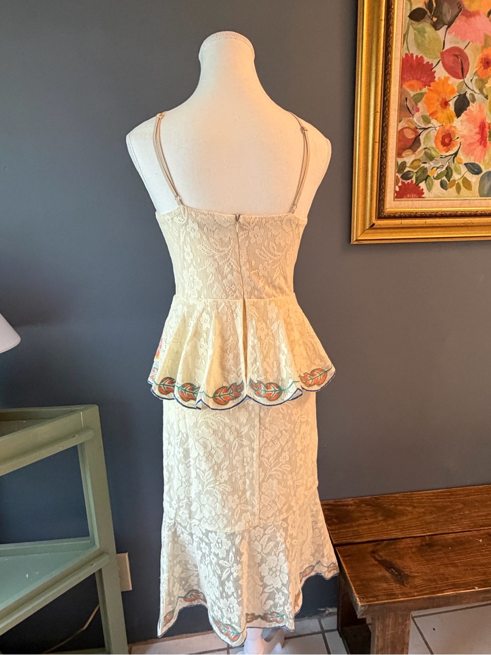 Embroidered Ivory Lace Peplum Midi Dress - Picture 4 of 8